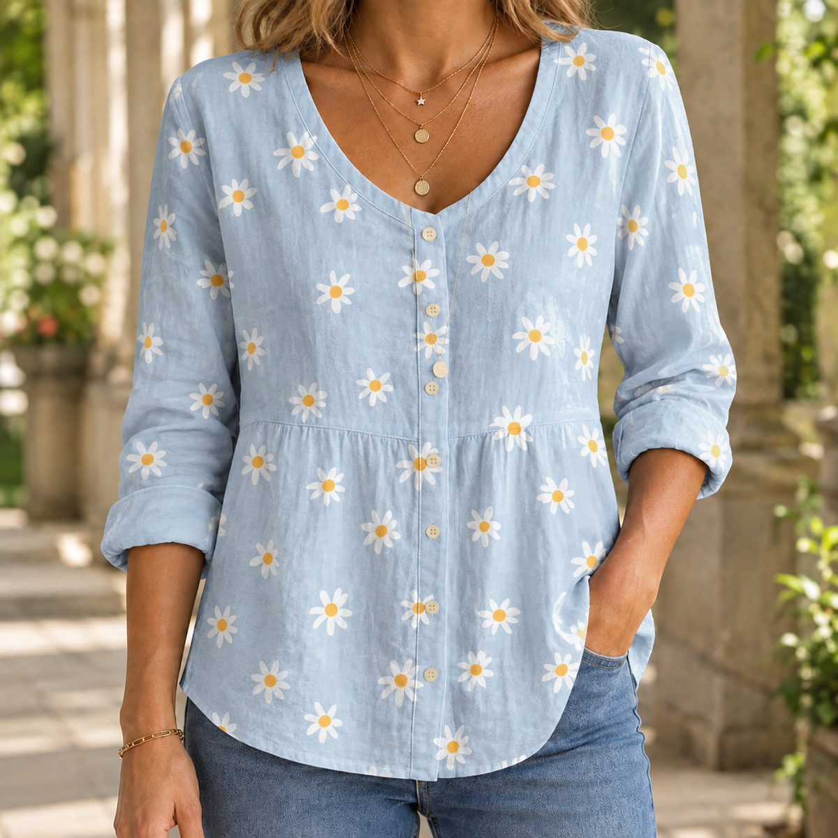 Bluse Damen Relaxed Fit Casual Rundhalsausschnitt Knopfleiste