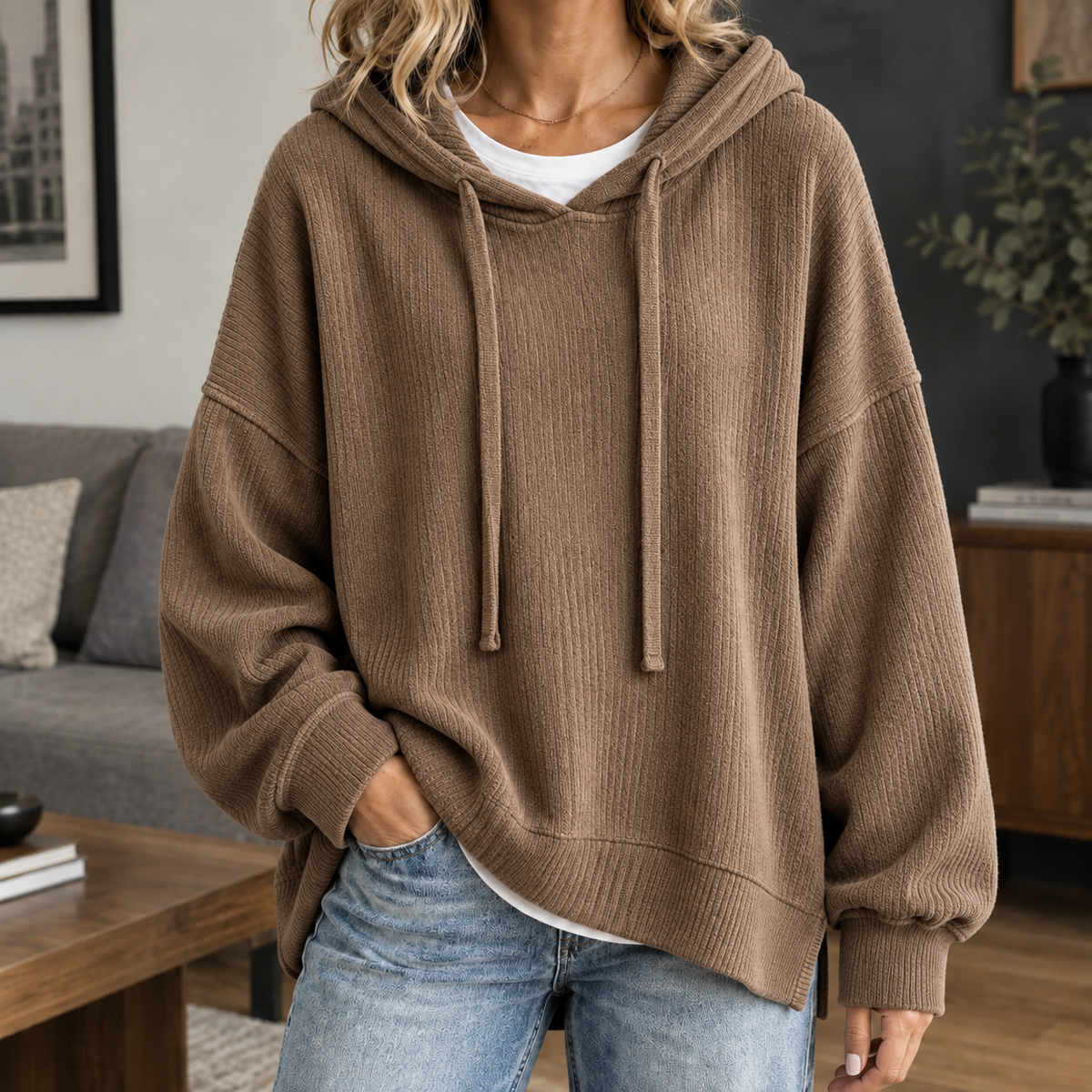 Damen Hoodie Oversize Freizeit Gerippter Pullover