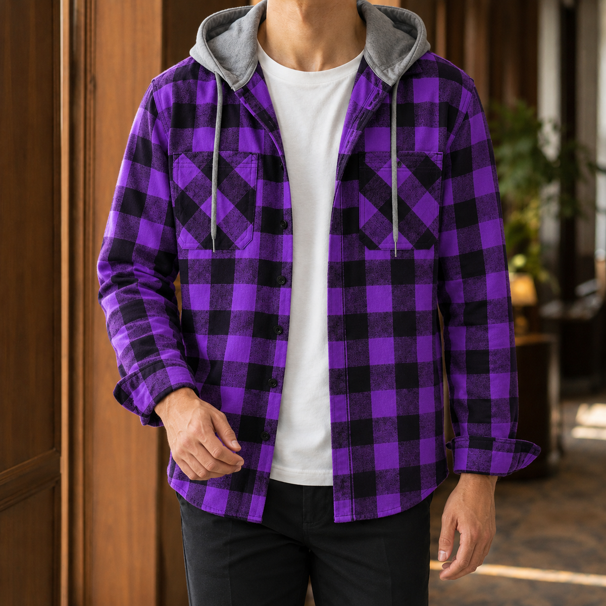 Hemd Herren Relaxed Fit Casual mit Kapuze und Karo Muster