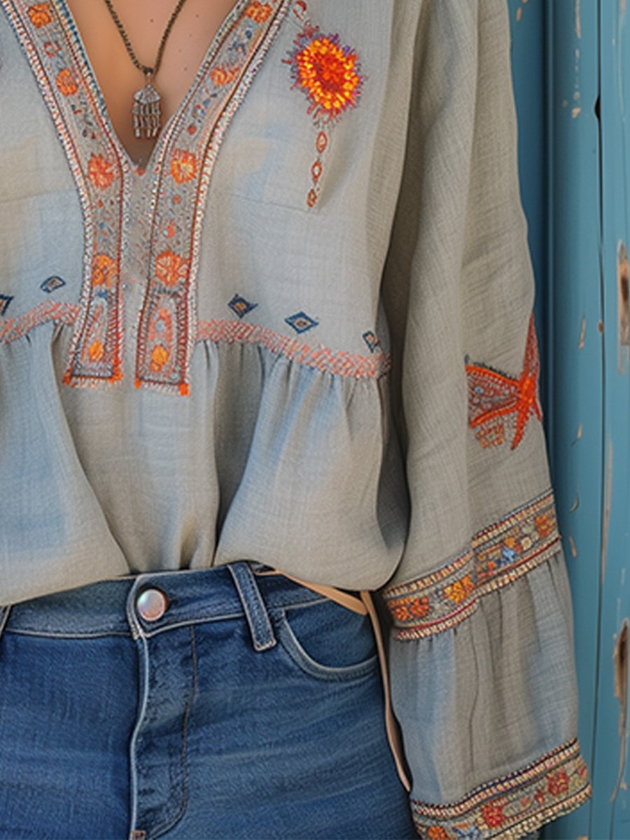 Bluse Damen Boho Stickerei V-Ausschnitt Sommer Casual