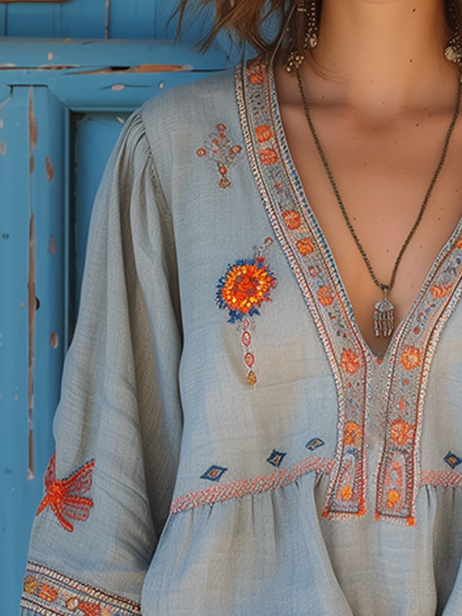 Bluse Damen Boho Stickerei V-Ausschnitt Sommer Casual