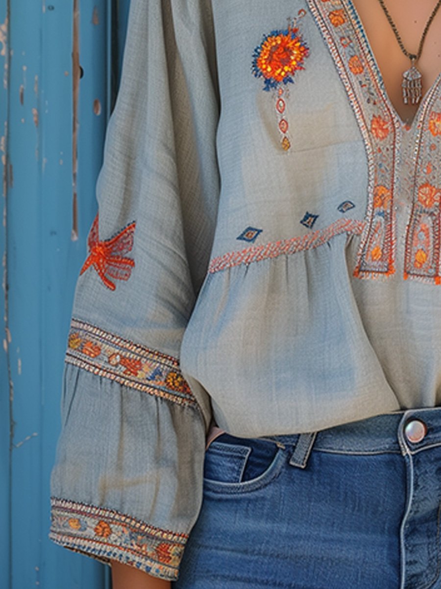 Bluse Damen Boho Stickerei V-Ausschnitt Sommer Casual