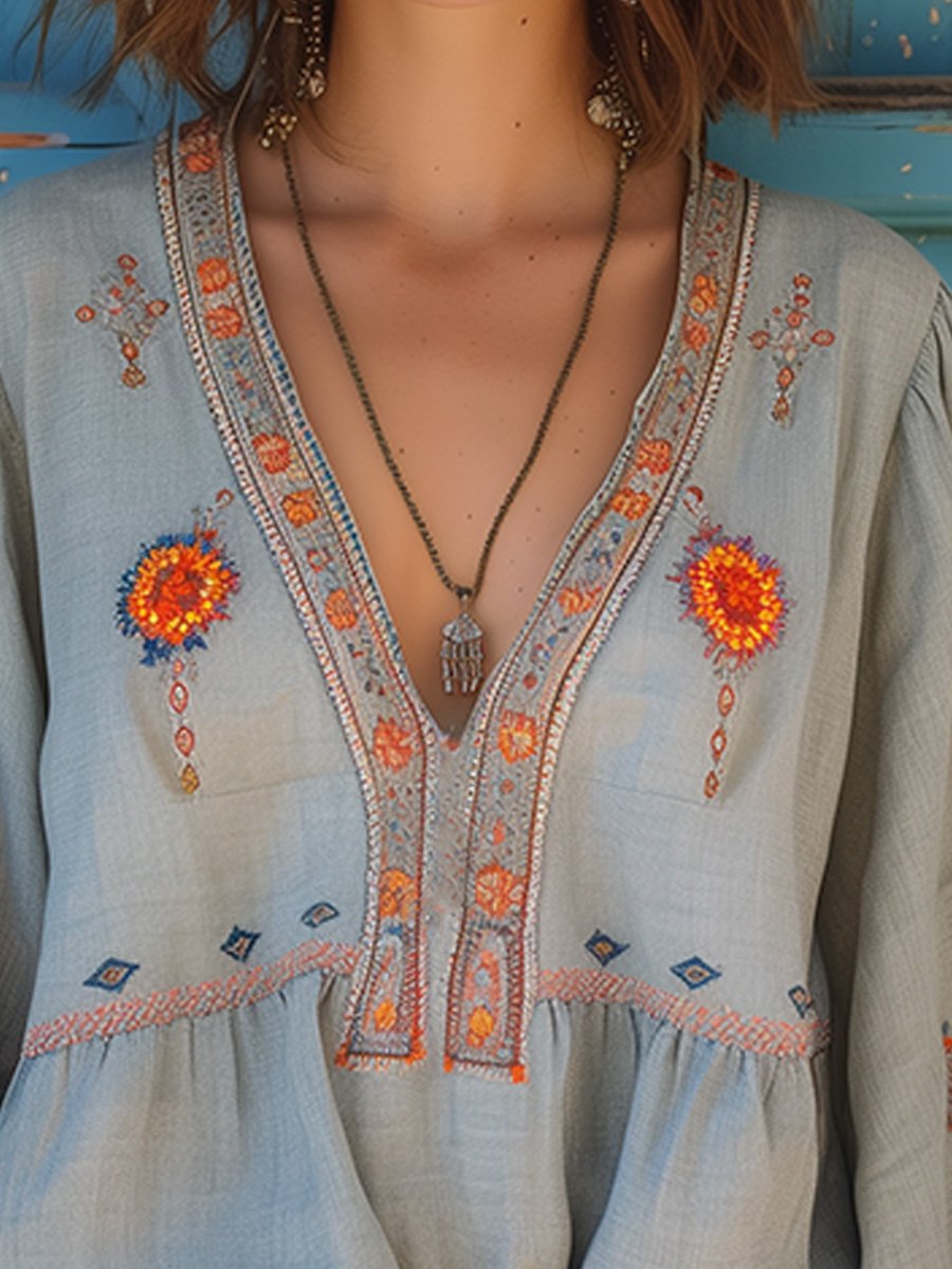 Bluse Damen Boho Stickerei V-Ausschnitt Sommer Casual