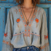 Bluse Damen Boho Stickerei V-Ausschnitt Sommer Casual