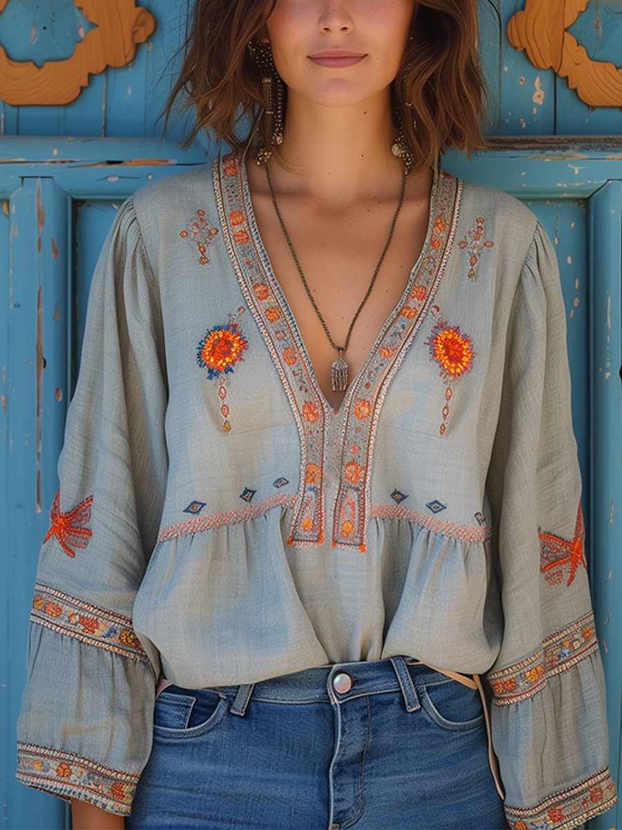Bluse Damen Boho Stickerei V-Ausschnitt Sommer Casual