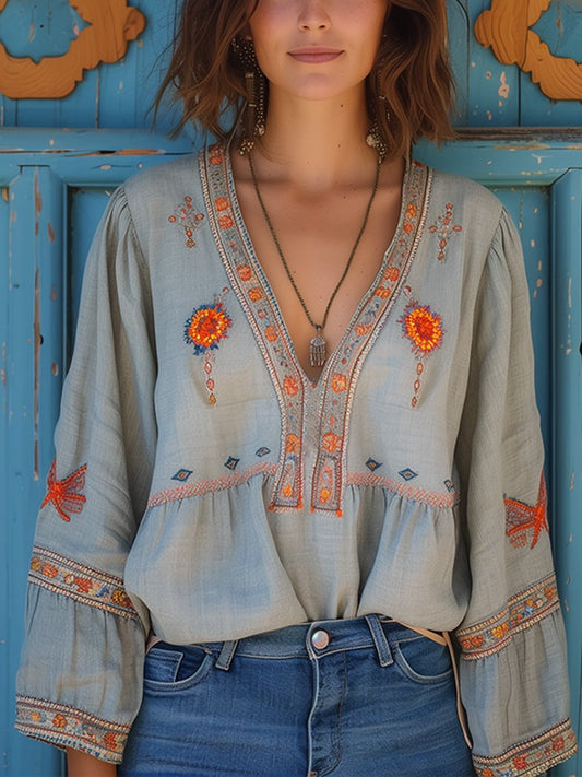 Bluse Damen Boho Stickerei V-Ausschnitt Sommer Casual