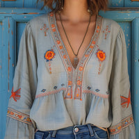 Bluse Damen Boho Stickerei V-Ausschnitt Sommer Casual