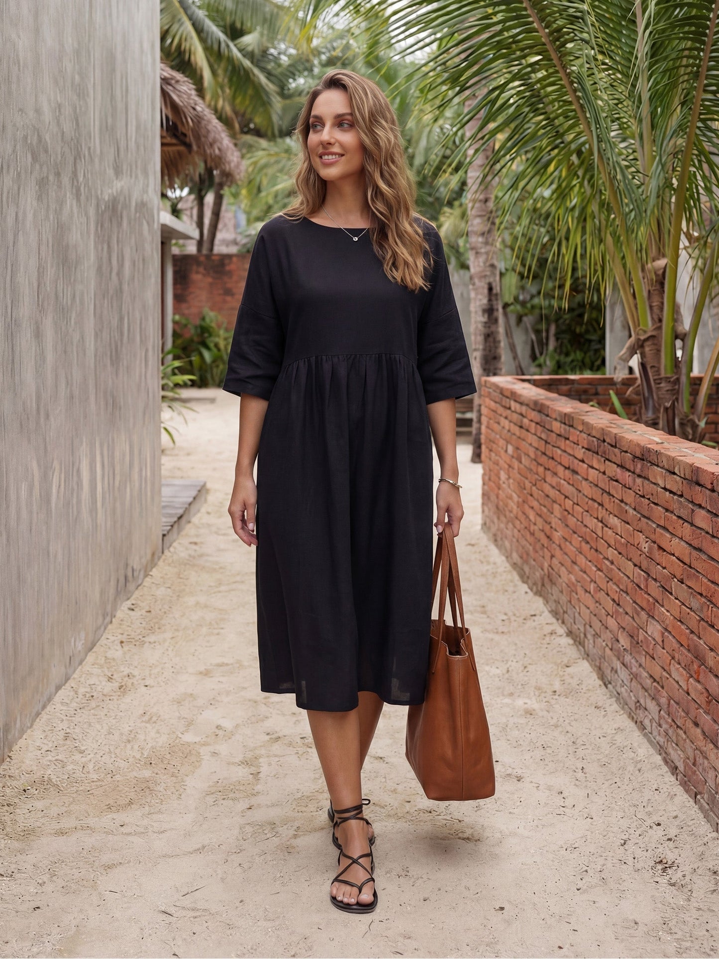 Adele | Midikleid Damen A-Linie Kurzarm Casual