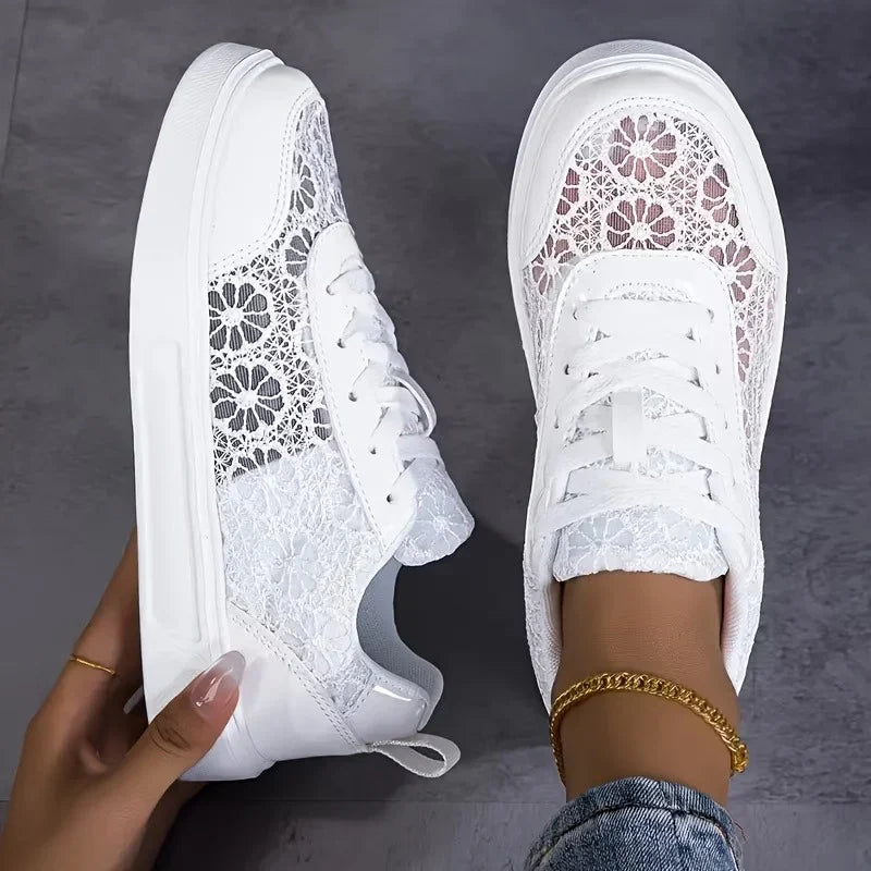 Sneaker Damen Leicht Atmungsaktiv Blumen-Spitzenmuster