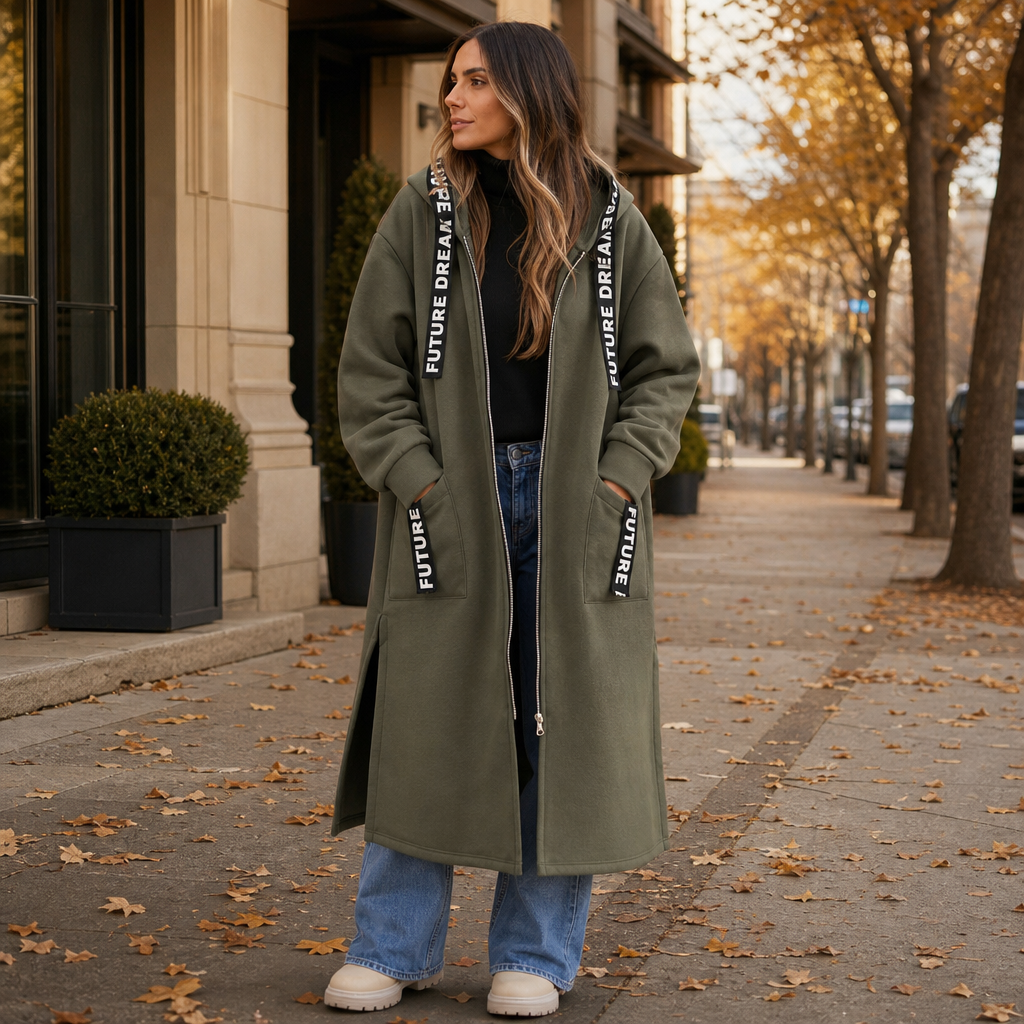 Damen Kapuzenmantel Knielang Relaxed Fit Freizeit