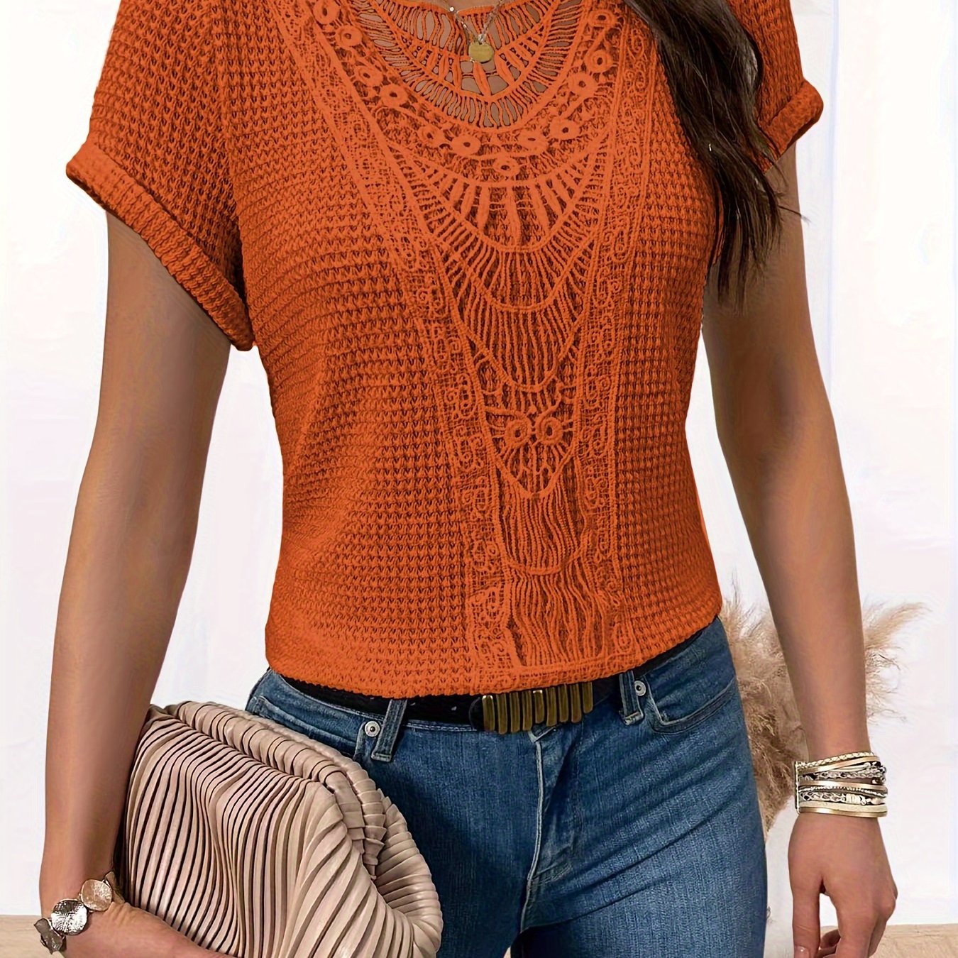 Damen T-Shirt Regular Fit Freizeit mit Spitzen und Rundhals