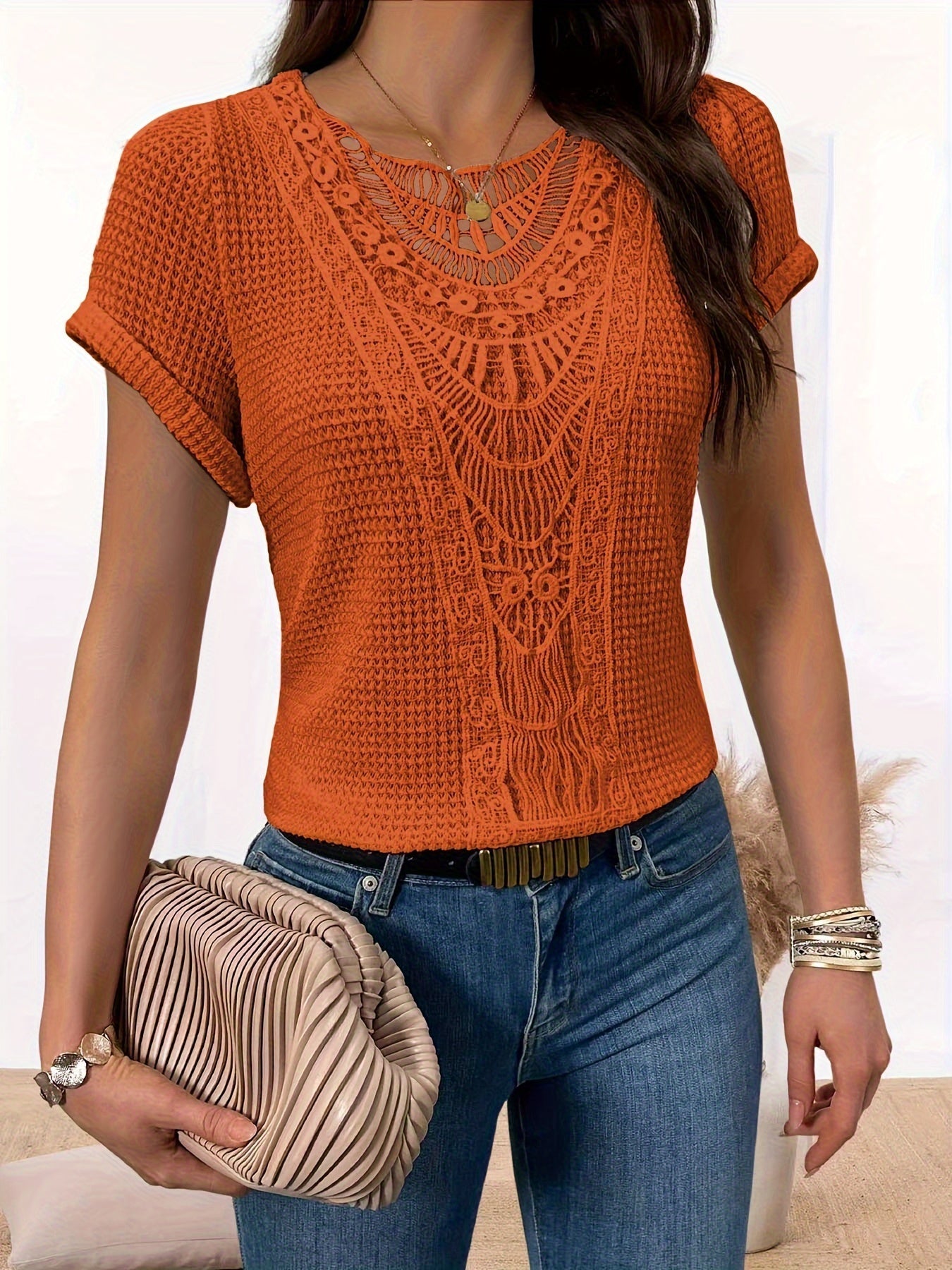 Damen T-Shirt Regular Fit Freizeit mit Spitzen und Rundhals