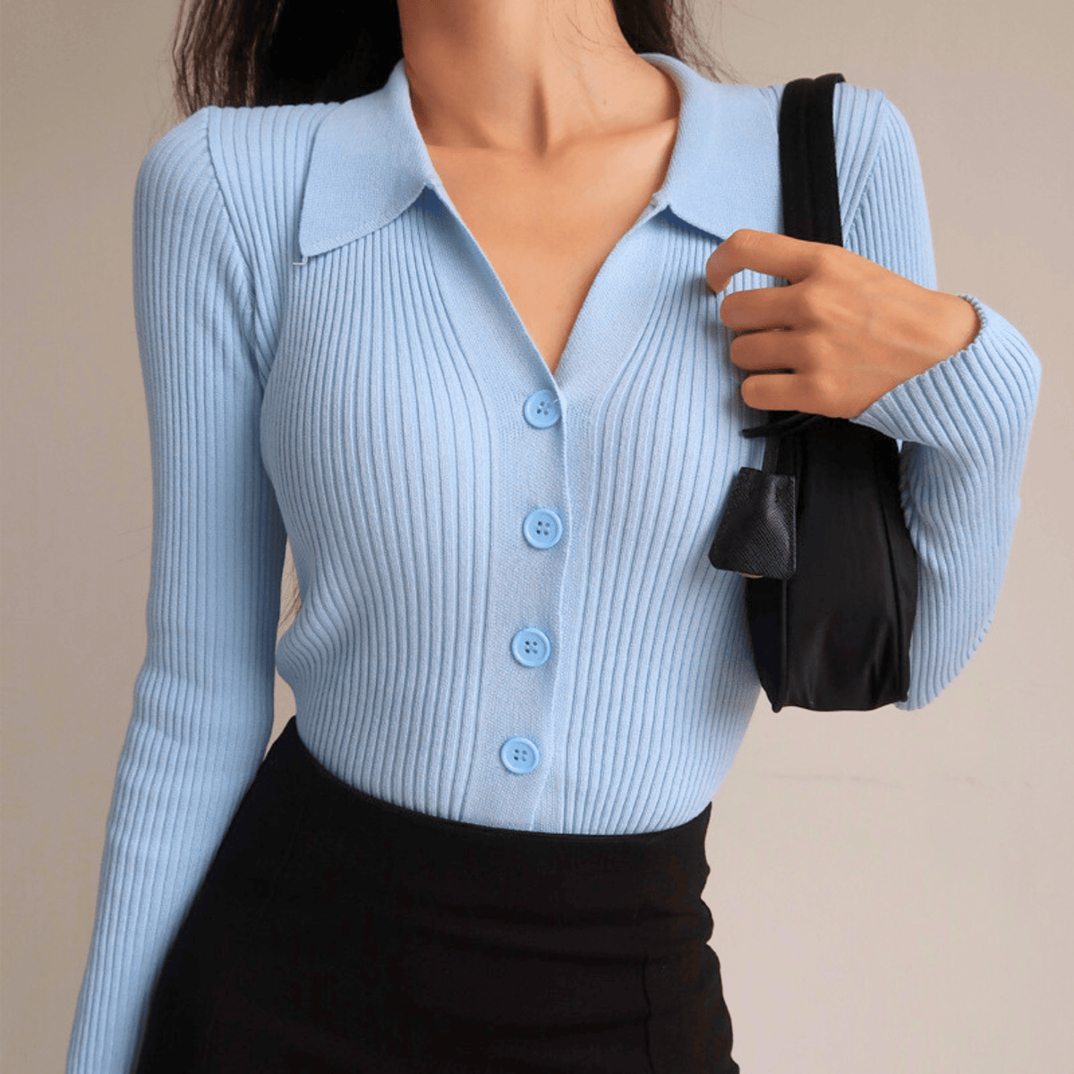 Top Damen Slim Fit Elegant V-Ausschnitt mit Kragen