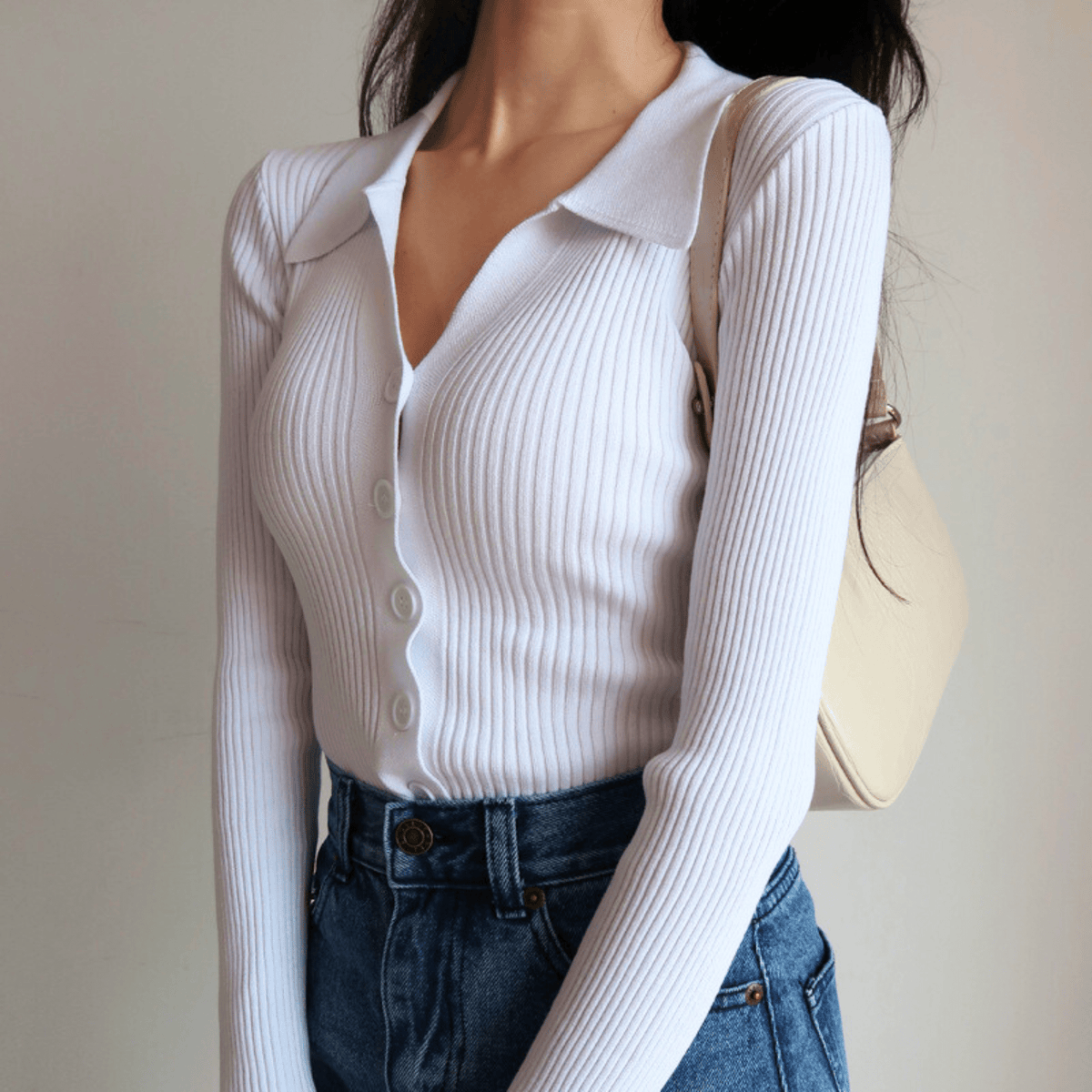 Top Damen Slim Fit Elegant V-Ausschnitt mit Kragen