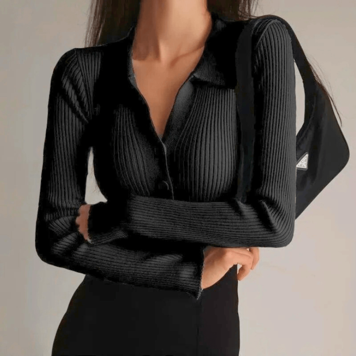 Top Damen Slim Fit Elegant V-Ausschnitt mit Kragen