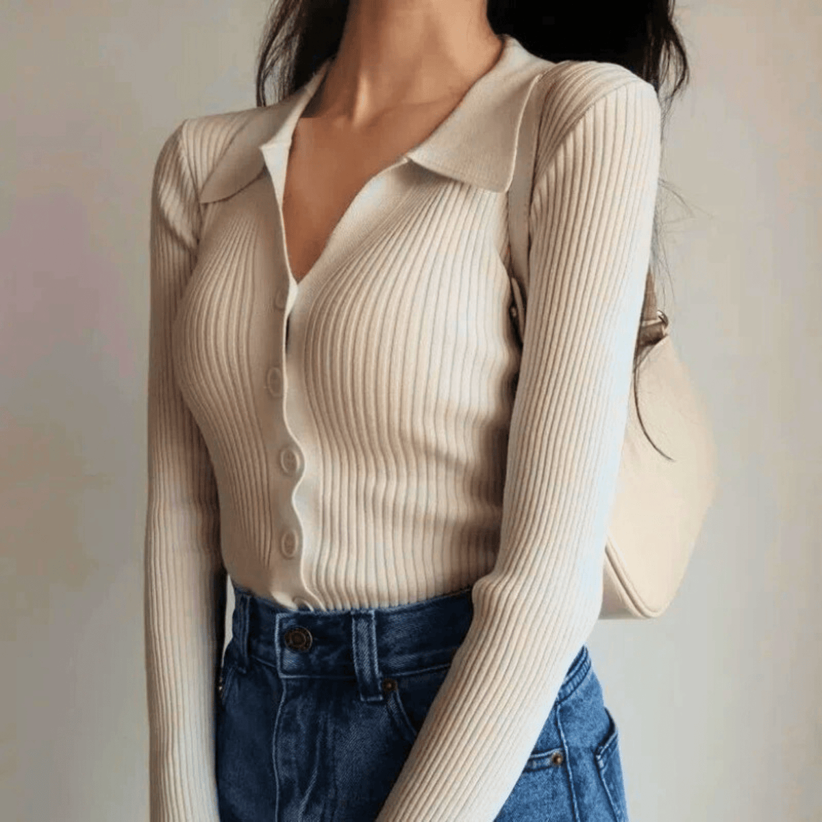 Top Damen Slim Fit Elegant V-Ausschnitt mit Kragen