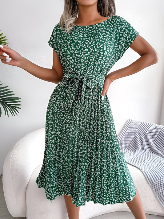 Midi Kleid Damen Regular Fit Casual mit Blumenmuster und Taillengürtel