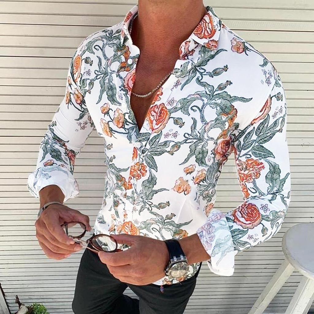 Herren Hawaii-Hemd Regular Fit Freizeit mit Blumenmuster langärmlig