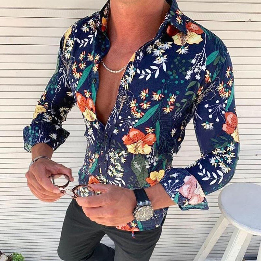 Herren Hawaii-Hemd Regular Fit Freizeit mit Blumenmuster langärmlig