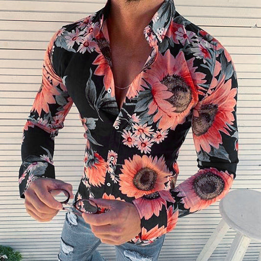 Herren Hawaii-Hemd Regular Fit Freizeit mit Blumenmuster langärmlig