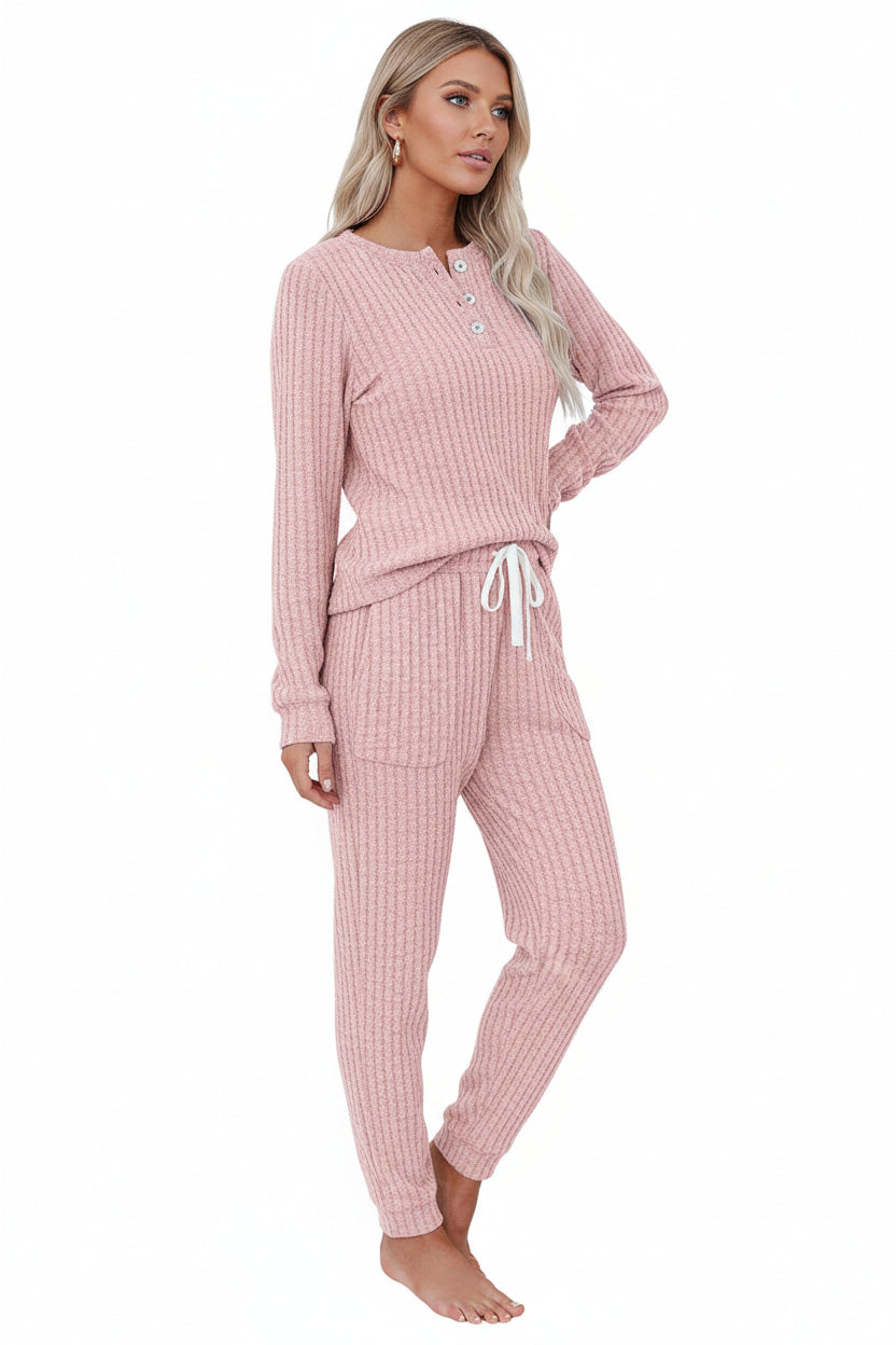 Zweiteiler Damen Rippenstruktur Langarmshirt Hose Regular Fit Freizeit