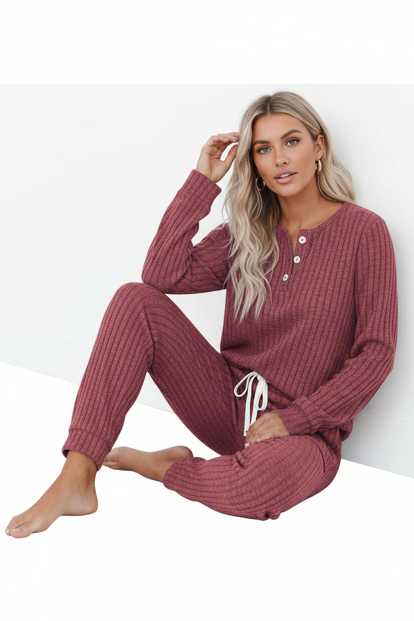 Zweiteiler Damen Rippenstruktur Langarmshirt Hose Regular Fit Freizeit
