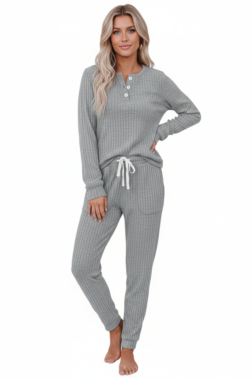 Zweiteiler Damen Rippenstruktur Langarmshirt Hose Regular Fit Freizeit