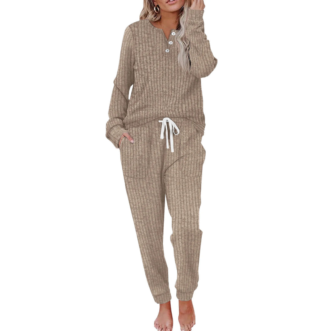 Zweiteiler Damen Rippenstruktur Langarmshirt Hose Regular Fit Freizeit