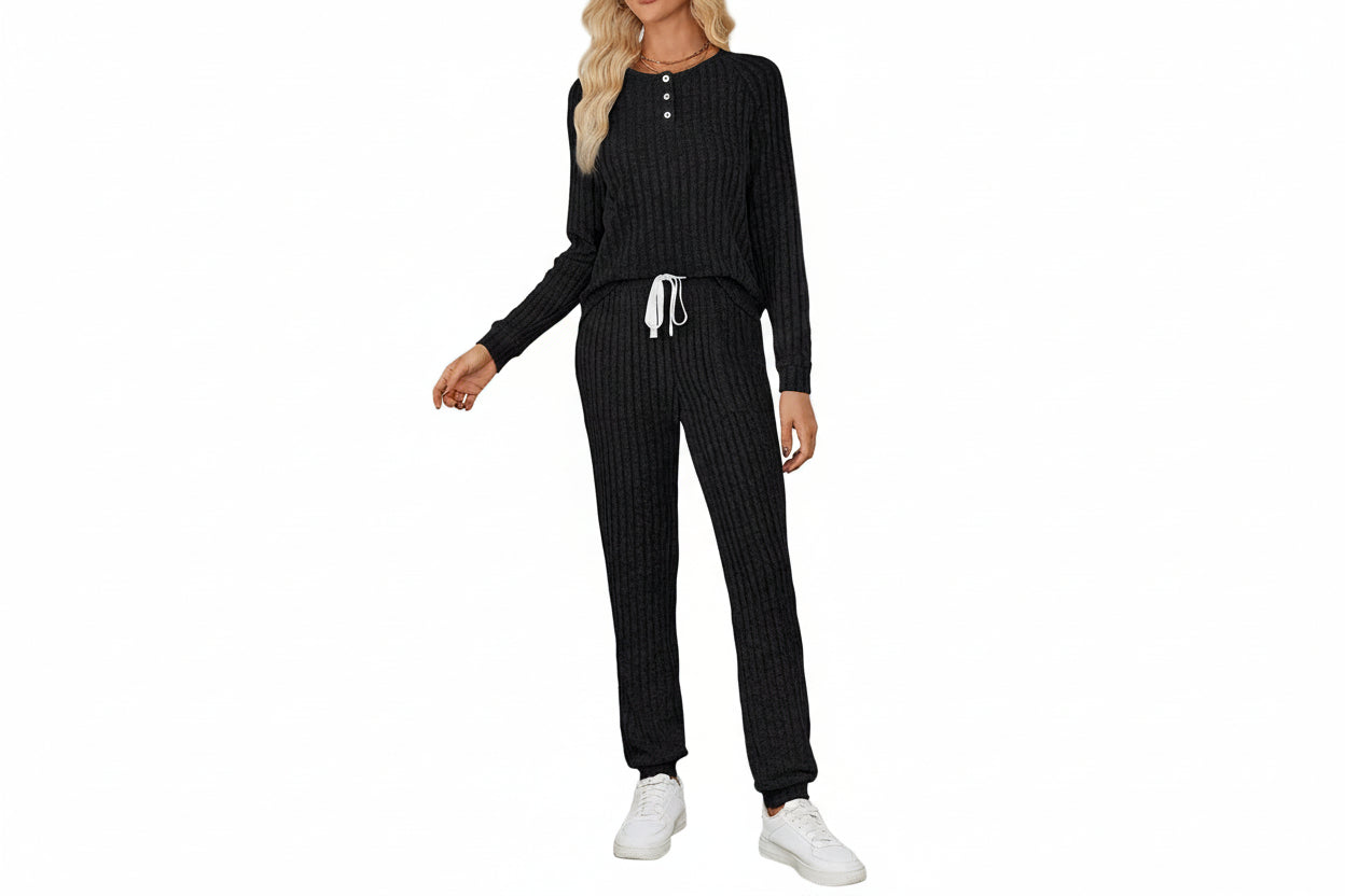 Zweiteiler Damen Rippenstruktur Langarmshirt Hose Regular Fit Freizeit