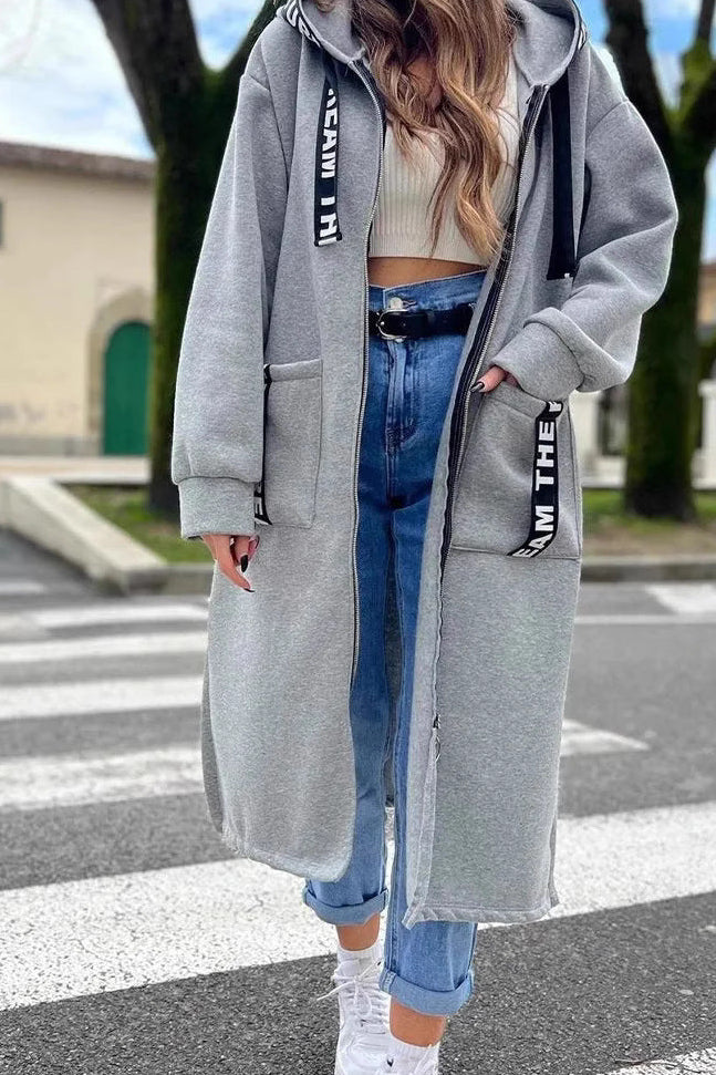Damen Kapuzenmantel Knielang Relaxed Fit Freizeit