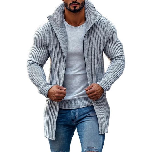 Gestreifter Langarm-Strickcardigan für Herren mit Stehkragen