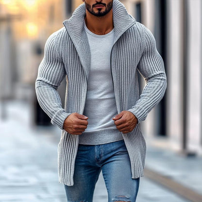 Gestreifter Langarm-Strickcardigan für Herren mit Stehkragen