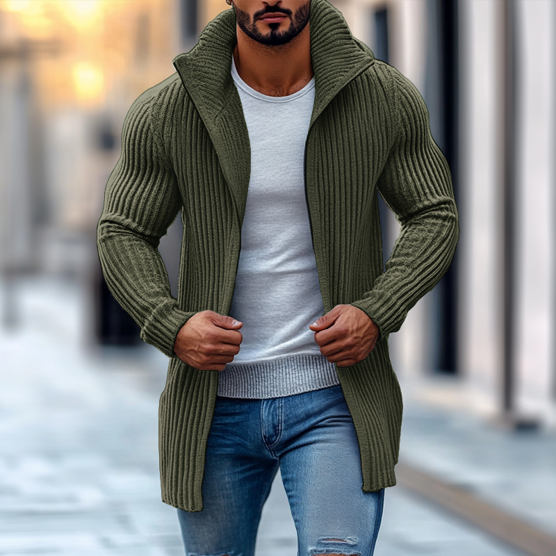 Gestreifter Langarm-Strickcardigan für Herren mit Stehkragen
