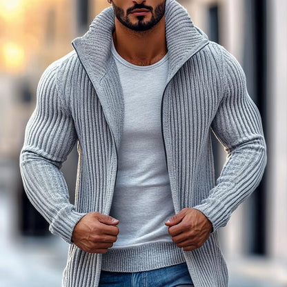 Gestreifter Langarm-Strickcardigan für Herren mit Stehkragen