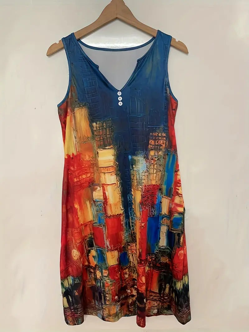 Ärmelloses Kleid Damen Midilänge Casual V-Ausschnitt