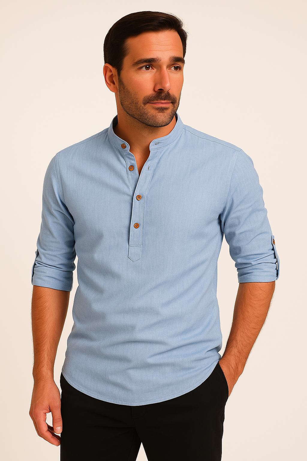 Herren Sommerhemd Regular Fit Freizeit Langarm Stehkragen