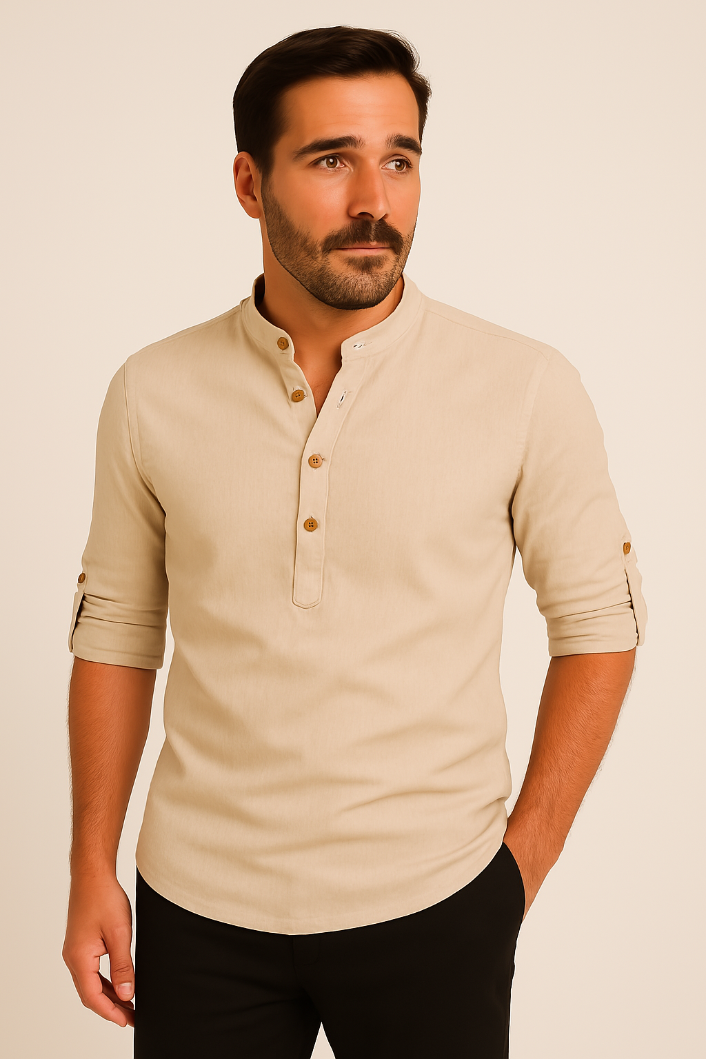 Herren Sommerhemd Regular Fit Freizeit Langarm Stehkragen