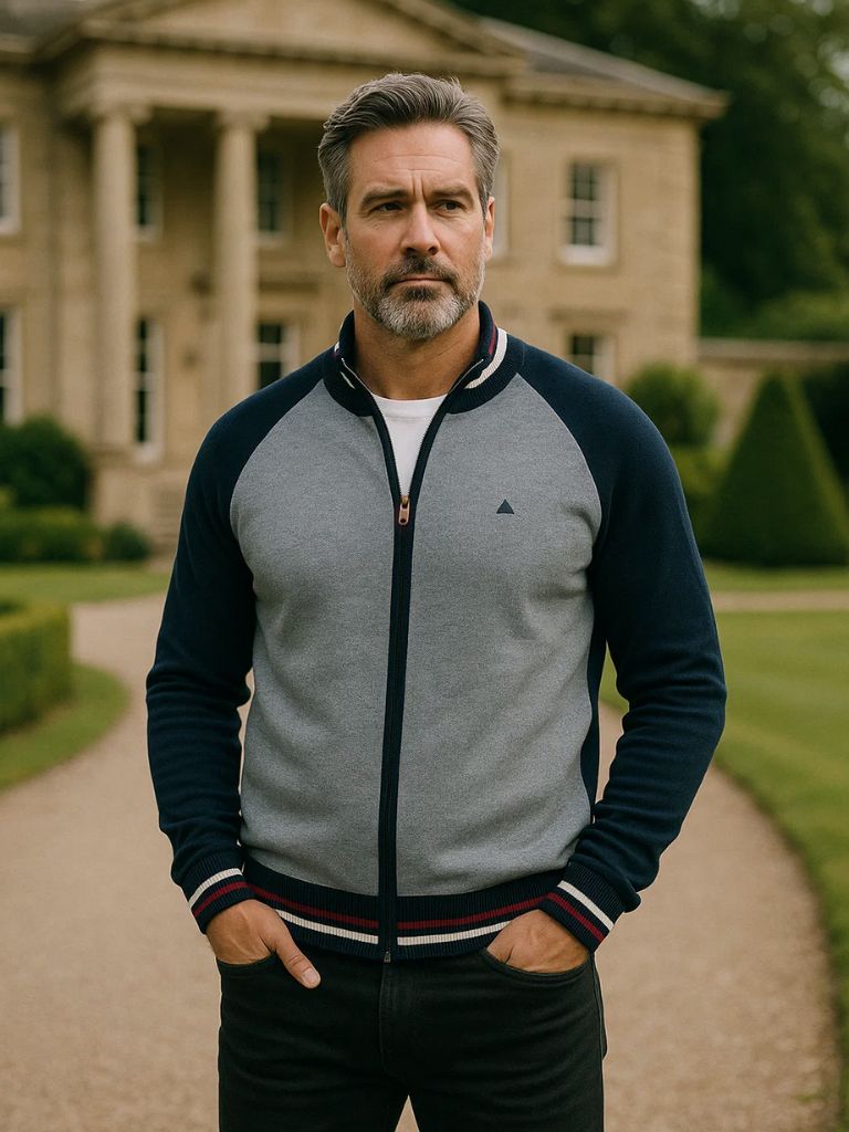 Farbblock Cardigan mit Stehkragen und Reißverschluss - Cross & Crown