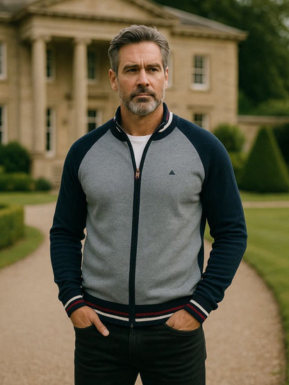 Farbblock Cardigan mit Stehkragen und Reißverschluss - Cross & Crown