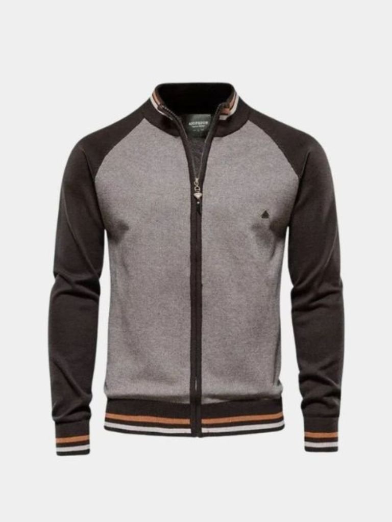 Farbblock Cardigan mit Stehkragen und Reißverschluss - Cross & Crown